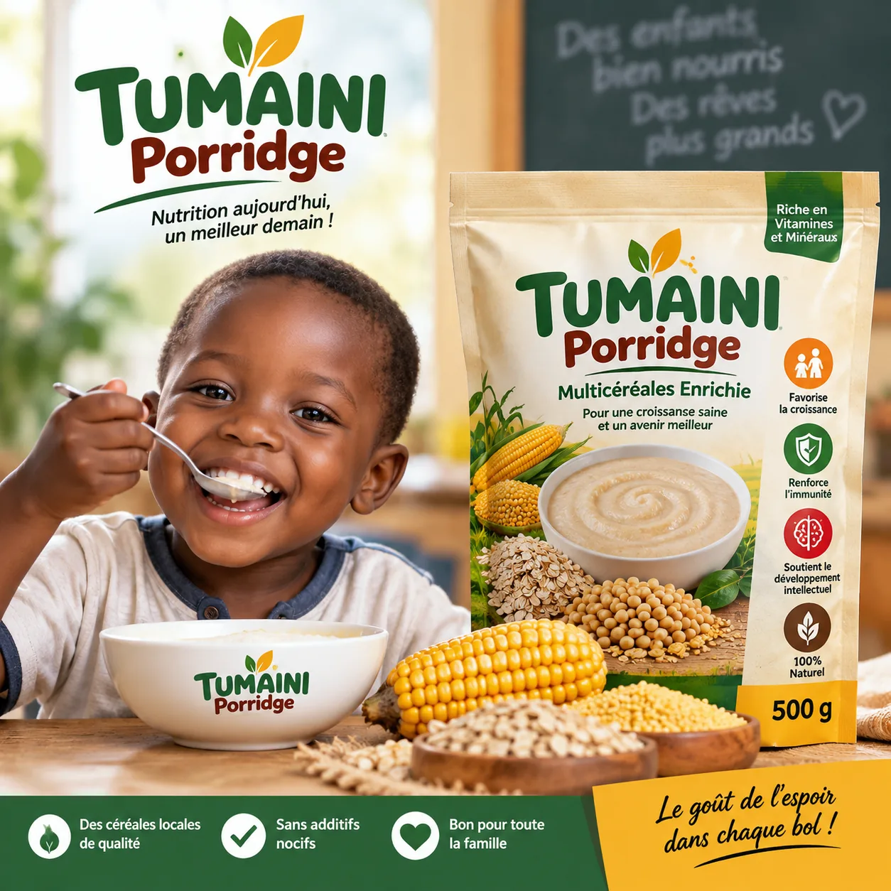 Tumaini Porridge - produit et enfant prenant une bouillie